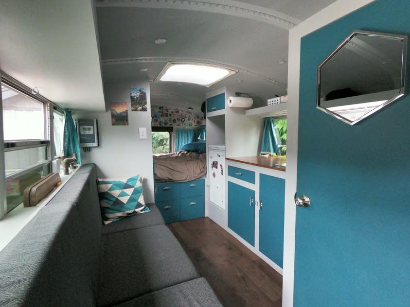 The inside of Cat's renovated bus (@stu.the.bus)