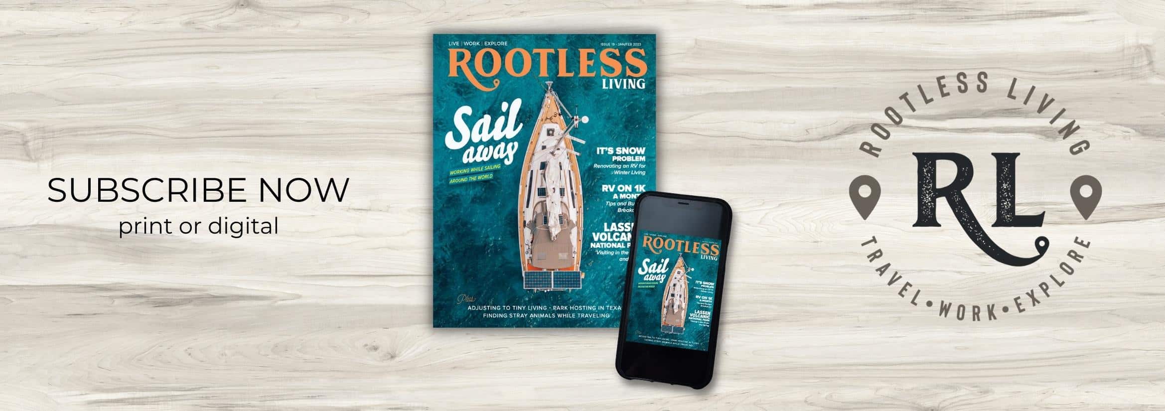 Print and digital images of issue 19 and the words subscribe now | Rootless Living Magazine