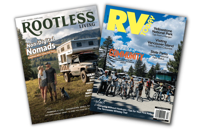 Covers of the most recent Rootless Living and RV Today magazines | Rootless Living magazine