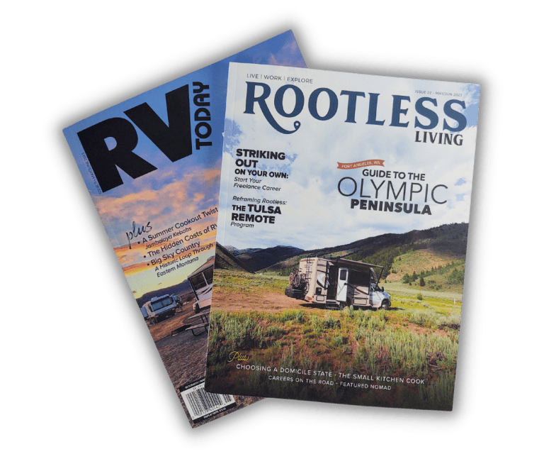 Covers of the most recent Rootless Living and RV Today magazines | Rootless Living magazine