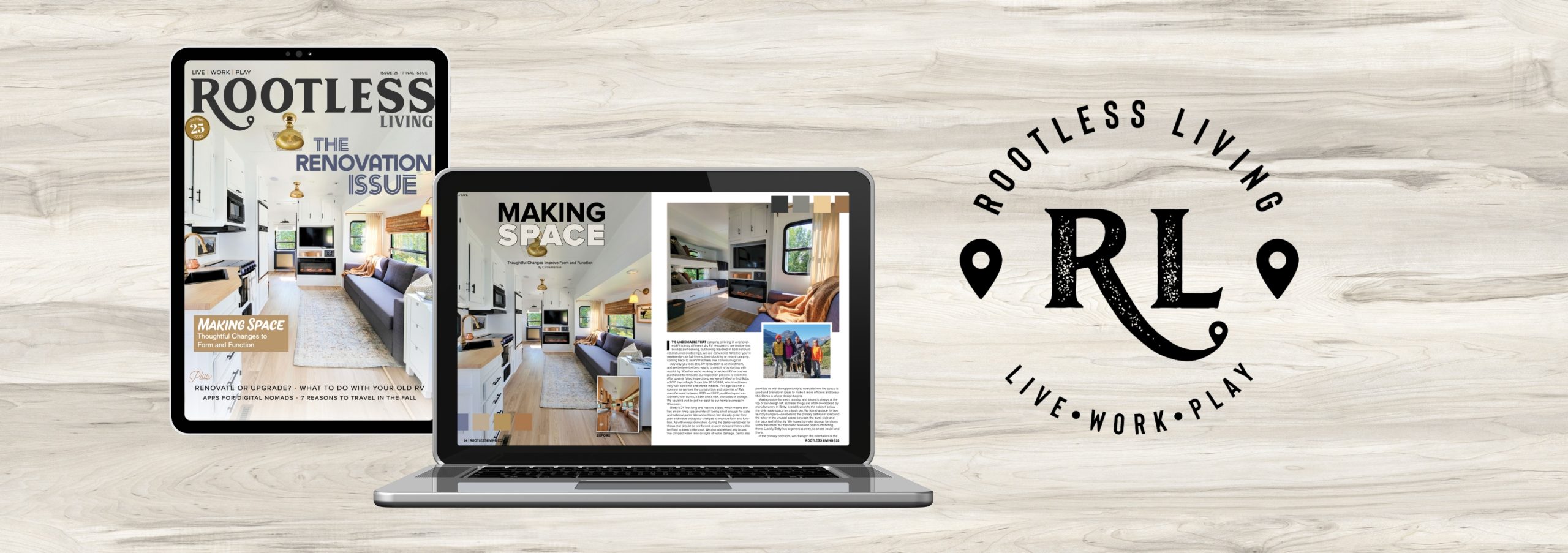 Rootless Living magazine issue 25 the final issue on tablet and laptop | Rootless Living Magazine